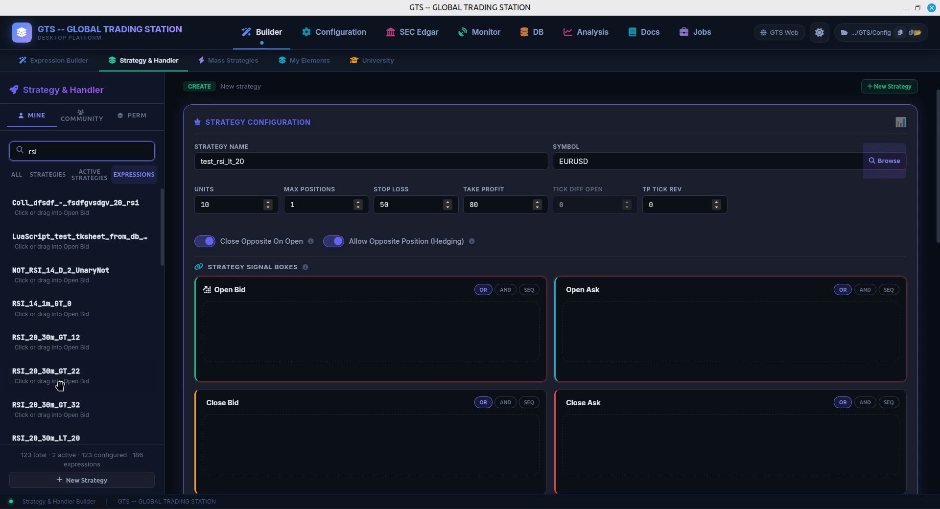 GTS Desk builder GUI showing expression builder, strategy tools, monitor access, DB, analysis, docs, and jobs.
