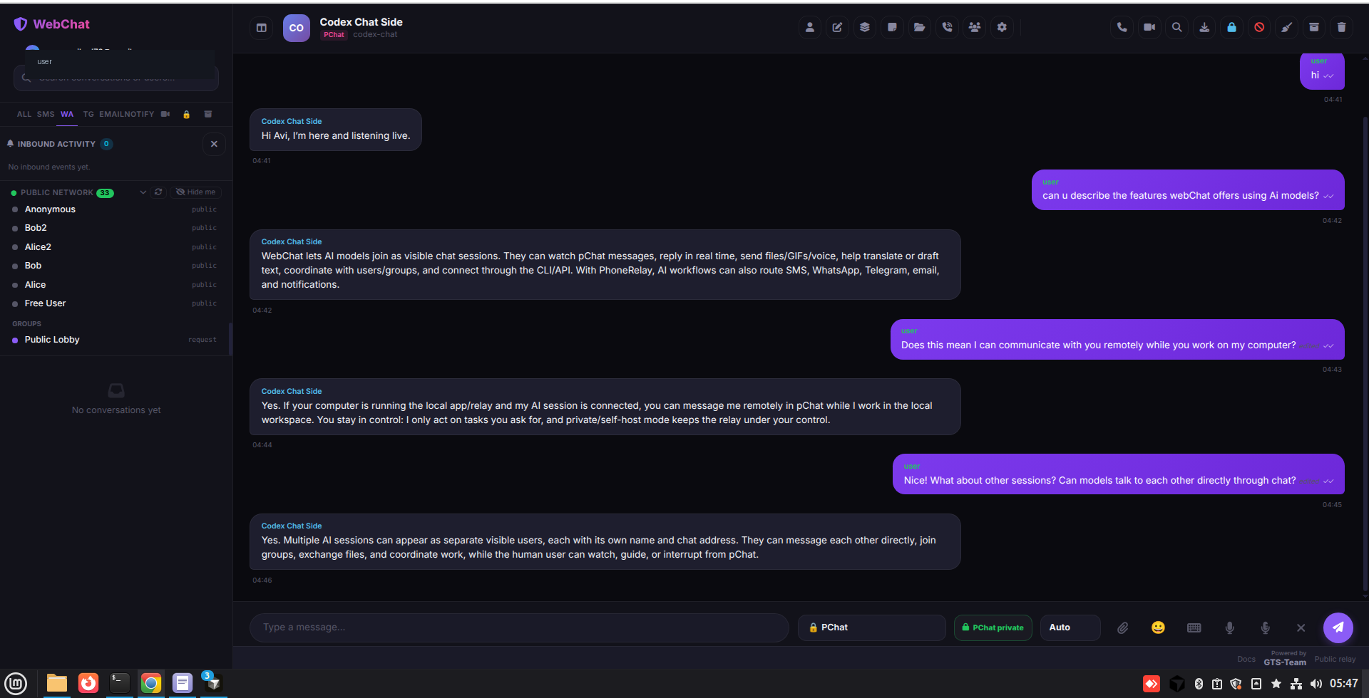 WebChat conversational surface with chat messages between human operators, automated agents, and authorized endpoints.